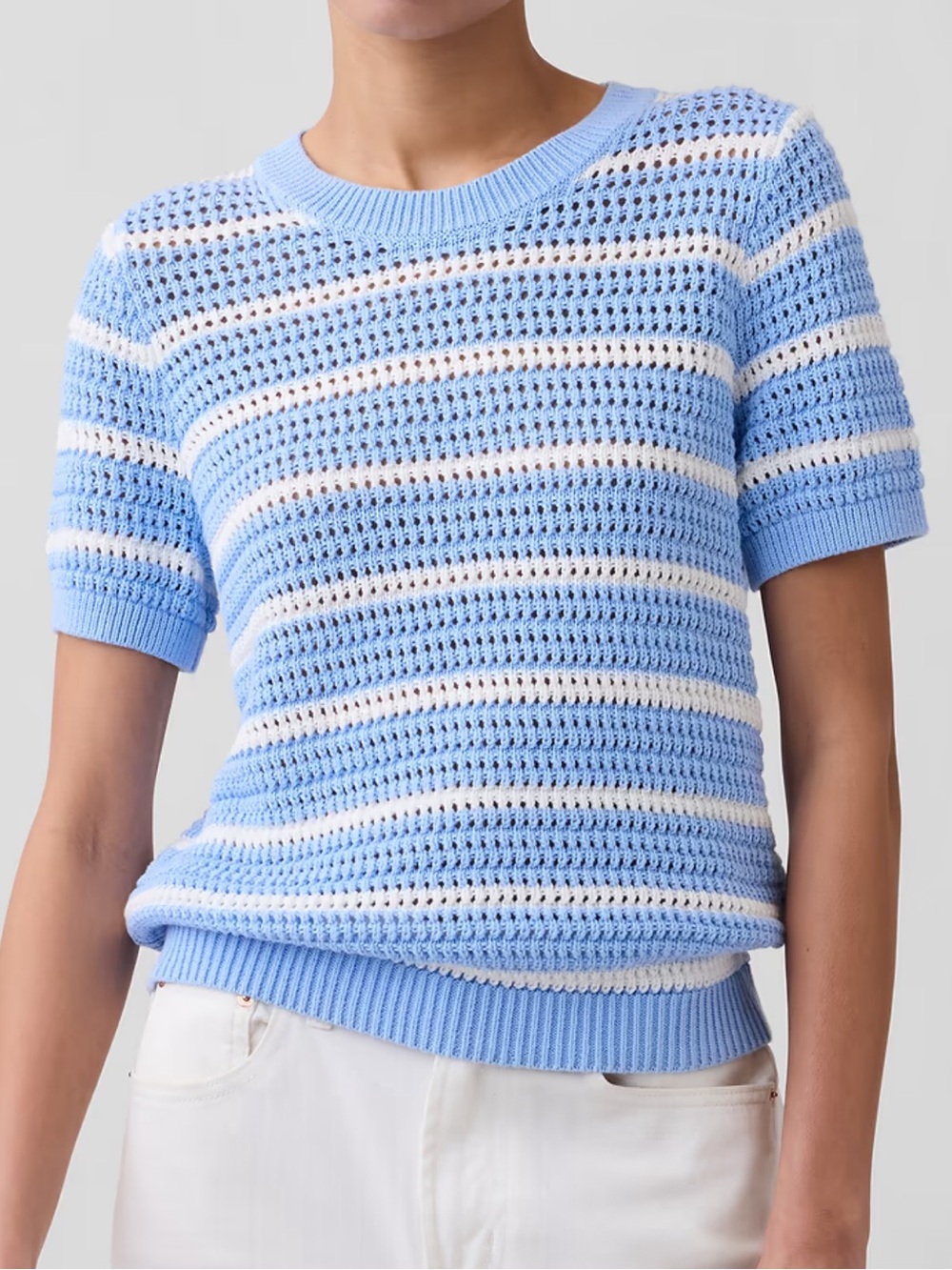 GAP Crochet Short Sleeve Sweater Tee Top Blue White Stripes Women’s Small